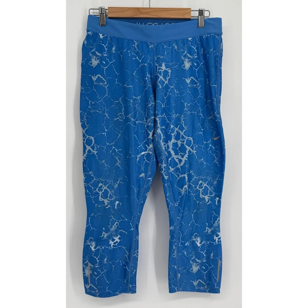 Nike Dri-FIT Blue Marble Crackle Print Cropped Leggings Womens Pocket Sz L